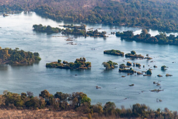aerial view of Zambezi River near Victoria Falls National Park in Zambia