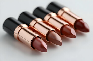 A close-up view of four stylish lipstick tubes arranged in a row, showcasing rich and vibrant colors ideal for any makeup collection.