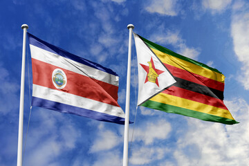 Flags of Costa Rica and Zimbabwe Waving Against a Clear Blue Sky with Clouds, Symbolizing Diplomatic Ties and Global Connections.