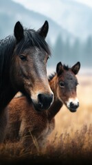 Majestic horses with a foal in a serene meadow during early morning mist in a picturesque countryside setting