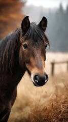 Horse in a tranquil autumn field with golden grass and soft background