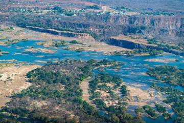 aerial view of Zambezi River near Victoria Falls National Park in Zambia