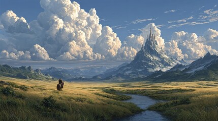 Stunning fantasy landscape: a lone rider on horseback gazes at a majestic castle on a snowy mountain, towering over a plain with a river, beneath lush clouds