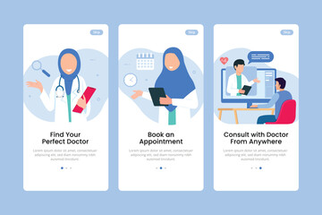 Onboarding screen with illustration of doctor consultation and doctor appointment. Medical healthcare on ui/ux mobile app
