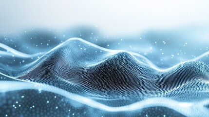 Abstract digital visualization with glowing blue undulating lines and scattering particles, creating a futuristic and elegant background for science and technology