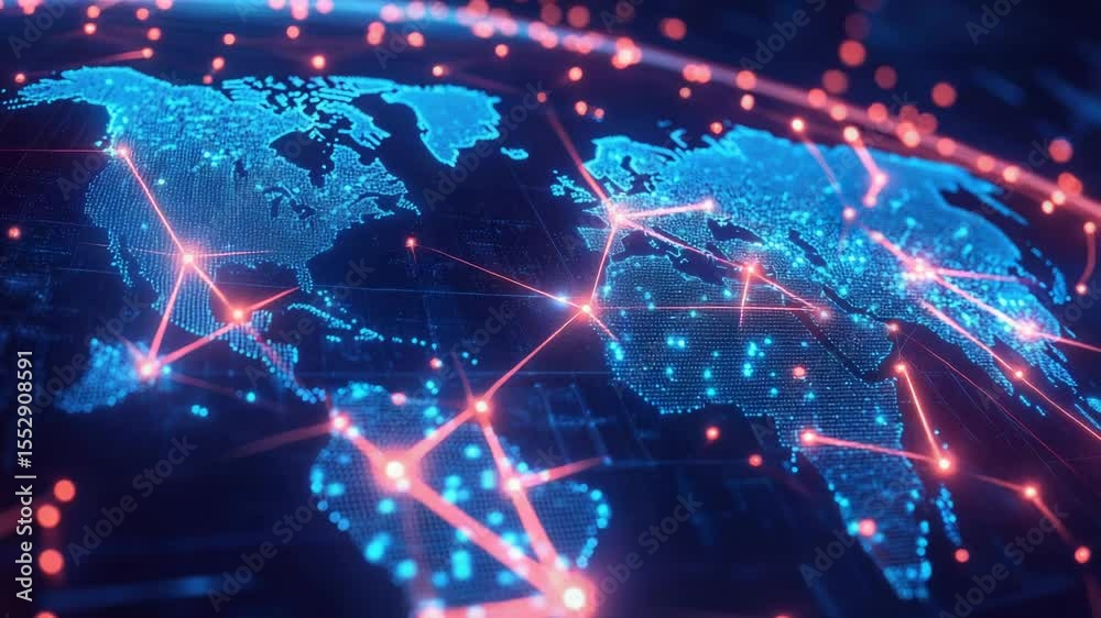 Poster A map of the world with glowing dots illustrating global connections and unity