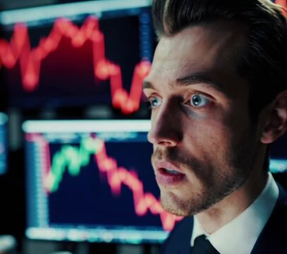 Traders in a high-stakes financial trading room, showing stock market screens with plummeting graphs