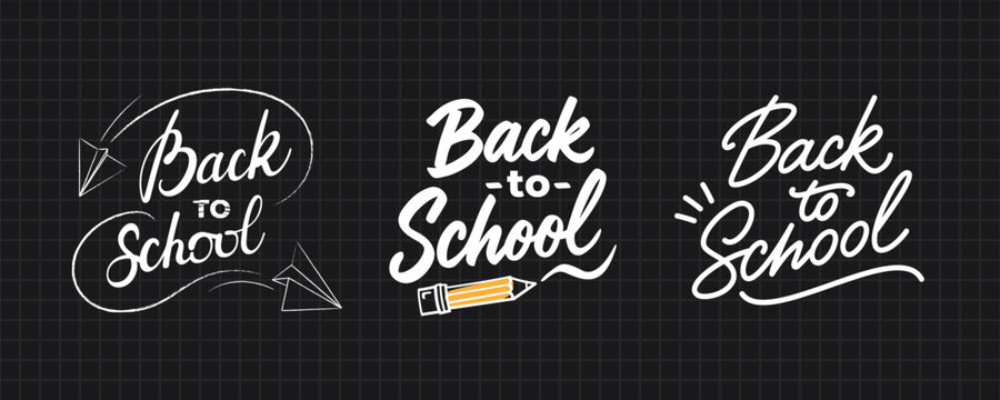 Set of hand drawn Back to School lettering logos on black checkered background. Chalkboard style designs with paper planes, pencil, decorative elements. Vector handwritten labels, icons, signs.