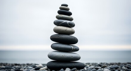 Fototapeta premium Zen stone tower on pebble beach