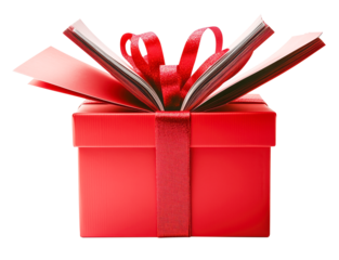 Open book emerges from vibrant red gift box, symbolizing surprise and discovery., isolated