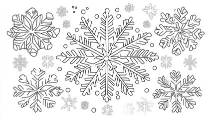 Snowflakes illustrations, multiple patterns, white backdrop, winter designs