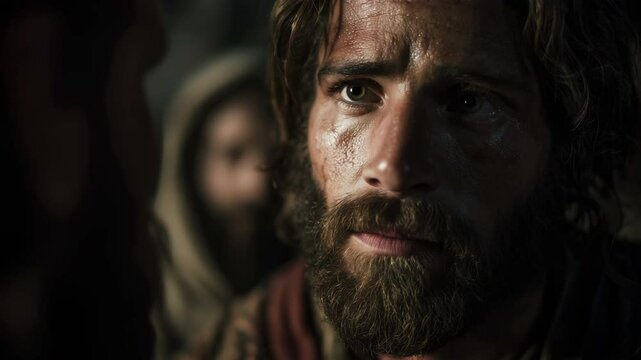 Photorealistic depiction of Jesus predicting Peter's denial, capturing a tense moment filled with emotion and foreboding. Context: Bible, Matthew 26:34.