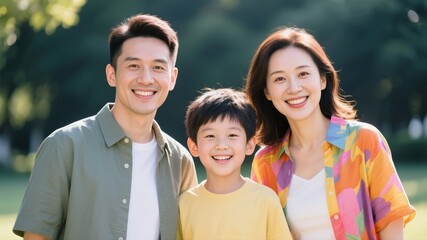 An Asian family portrait of smiling parents with their young son.
