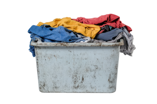 Pile of dirty laundry overflowing from a weathered container on a clean white background ready for washing or organizing at home