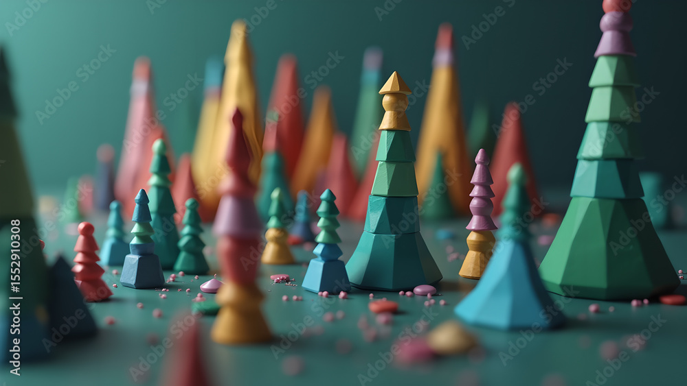Fototapete whimsical woodland scene featuring colorful geometric trees a miniature landscape of abstract shapes