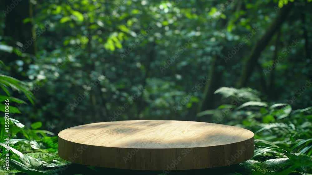 Poster a wooden table in the midst of a dense forest, surrounded by trees and foliage