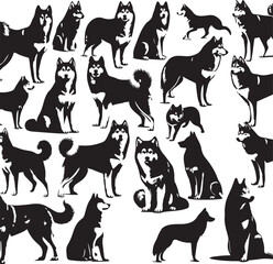 Siberian Husky Dog Vector Illustration in Black and White	