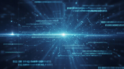 Fototapeta premium Futuristic Digital Landscape with Radiating Binary Code and Glowing Data Streams