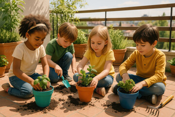 Four young gardeners taking care of their plants on a sunny terrace