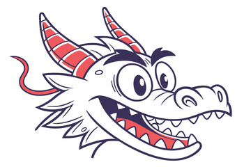 The cartoon dragon head smiles broadly, featuring red horns and a fun, playful expression
