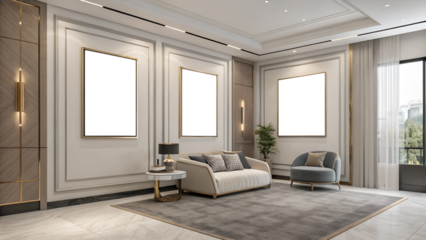 Frame mockup, ISO A paper size. Living room wall poster mockup. Interior mockup with house background. Modern interior design. 3D render