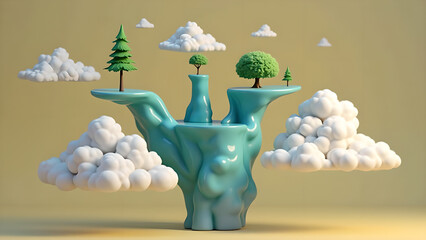 Stylized floating island landscape with cartoon trees and fluffy clouds evokes serene whimsical atmosphere a digital render that captures the imagination and wonder