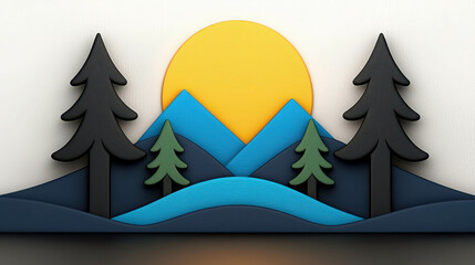 Obraz premium Colorful paper cut landscape art with mountains, trees, and sun, creating a vibrant and serene natural scene suitable for a variety of creative projects