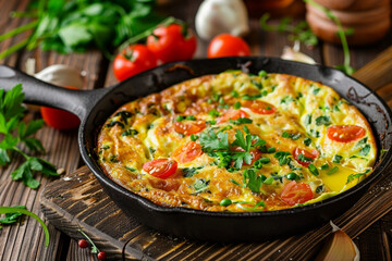 Fototapeta premium Frittata in iron pan. on wooden table