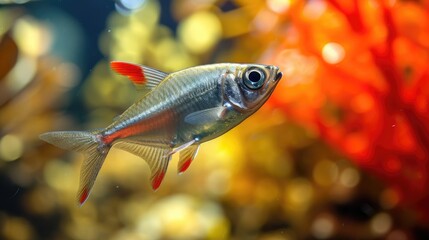 Fototapeta premium Cardinal tetra fish, Tropical fish swimming in aquarium.