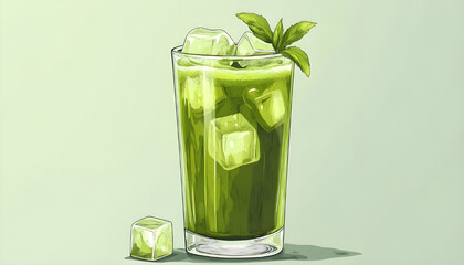 Refreshing cold iced matcha latte in a tall glass, perfect for a summer day. Vibrant green tea color with ice cubes floating