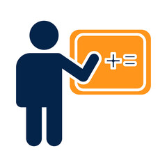 Flat modern education icon with a navy blue silhouette pointing at an orange board displaying math symbols, minimalist design for e-learning, tutorials, teaching apps, and online courses