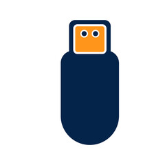Flat modern USB flash drive icon in orange and navy blue color scheme, minimalist design for digital storage, file transfer, backup solutions, and hardware interface applications
