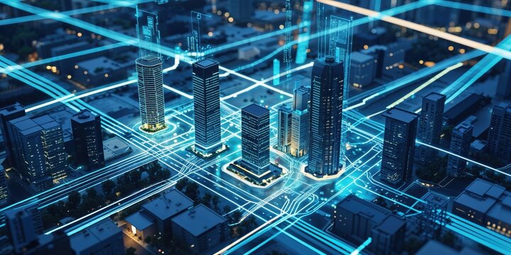 Cityscape with a network of blue lines connecting buildings