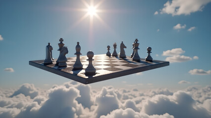 Chessboard in the sky symbolizes strategic thinking success planning future decision making against a blue and cloudy backdrop with a bright sunlight in the daytime