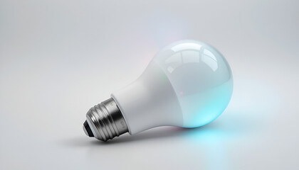 Luminous LED bulb glows softly in white, casting a gentle blue light on a plain surface, perfect for ideas and innovations.