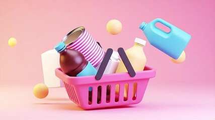 Floating Shopping Basket 3D Render of Groceries and Household Items