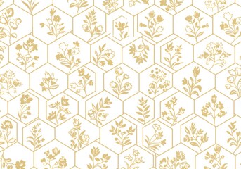 Intricate White Hexagonal Pattern with Gold Lines