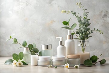A serene and elegant arrangement featuring a collection of minimalist skincare and beauty product containers in soft, neutral tones. Displayed against a light textured background.