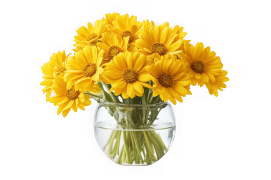 Vibrant yellow daisies in glass vase still life photography, floral arrangement, spring flowers, isolated on transparent background