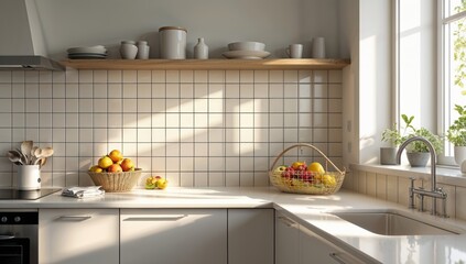 Kitchen with a window and a basket of fruit on the counter