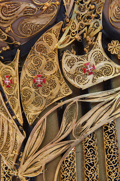 Traditional handmade portuguese gold ornate filigree jewerly. Gondomar, Portugal