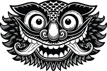 Monochrome mythical creature mask featuring stylized eyes, swirling detail, and an expressive open mouth