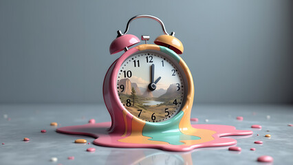Melting time concept featuring a vibrant alarm clock with a landscape inside, showcasing the abstract notion of time slipping away into colorful dreams and nostalgia