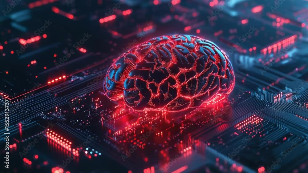 Poster A computer circuit board with a glowing brain component, suitable for tech-related illustrations and designs