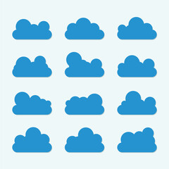 Flat cloud. Simple cloudy shapes. Cartoon white puffy, fluffy and cumulus clouds in blue sky. Abstract comic weather elements. Objects cloudscape for game. 