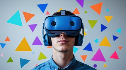 Man wearing a blue virtual reality headset