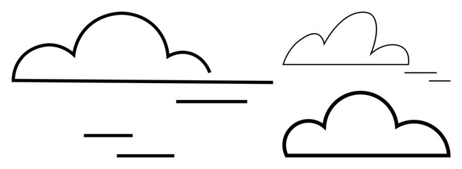 Three minimalist cloud outlines with subtle horizontal lines suggesting wind or movement. Ideal for weather, technology, nature, data, simplicity, minimalism, abstract themes. Clean simple flat