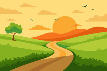 Fototapeta premium A vibrant vector illustration of a summer rural landscape with rolling green hills, trees, and a road under a blue sky with clouds