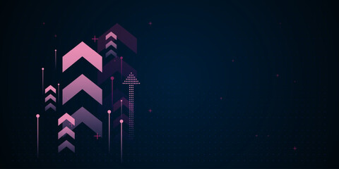 A futuristic digital arrow up on dark background showcases multiple pink arrows pointing upward, symbolizing financial growth advancement vector illustration