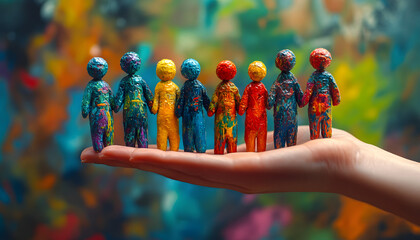 Human resources concept representing diversity in workplace. Hand holding diverse ragdoll figures inclusion, teamwork, collaboration. Inclusive hiring practices create better work culture, team